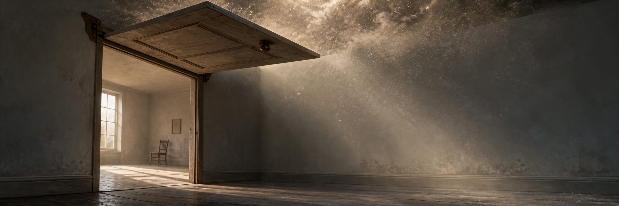 A surreal room with a single chair and drifting dust, an open door suggesting something fantastical beyond.