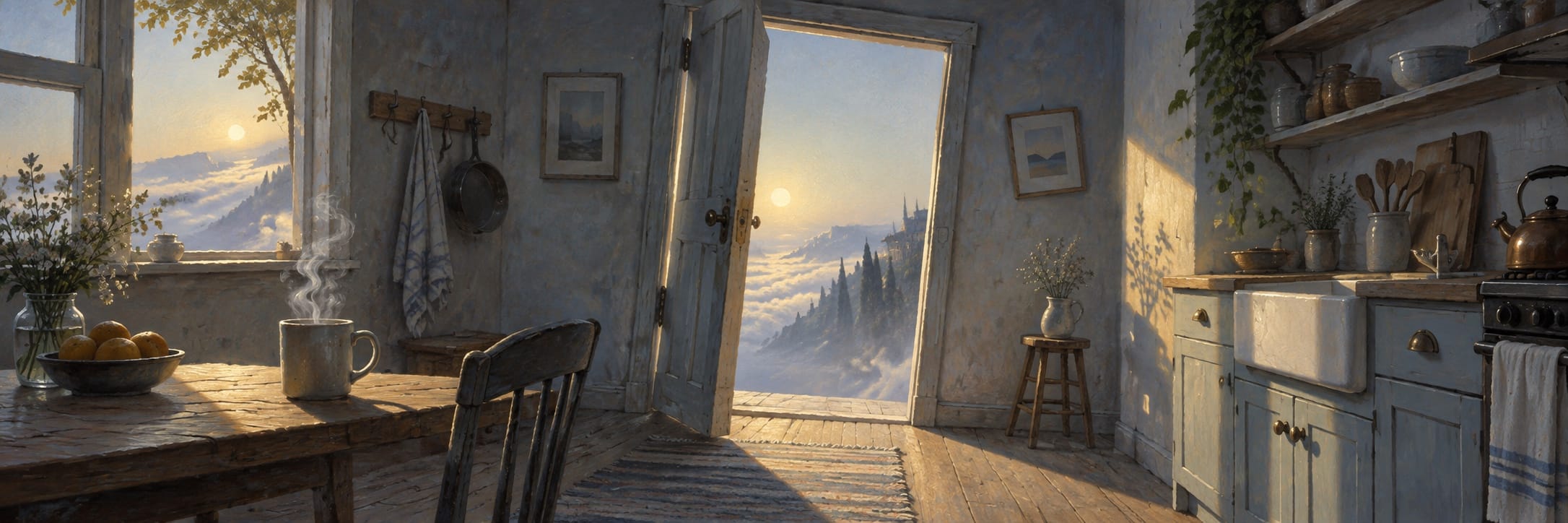 A slightly crooked doorway opens from a quiet kitchen towards a pale morning landscape, with coffee steaming on a wooden table.
