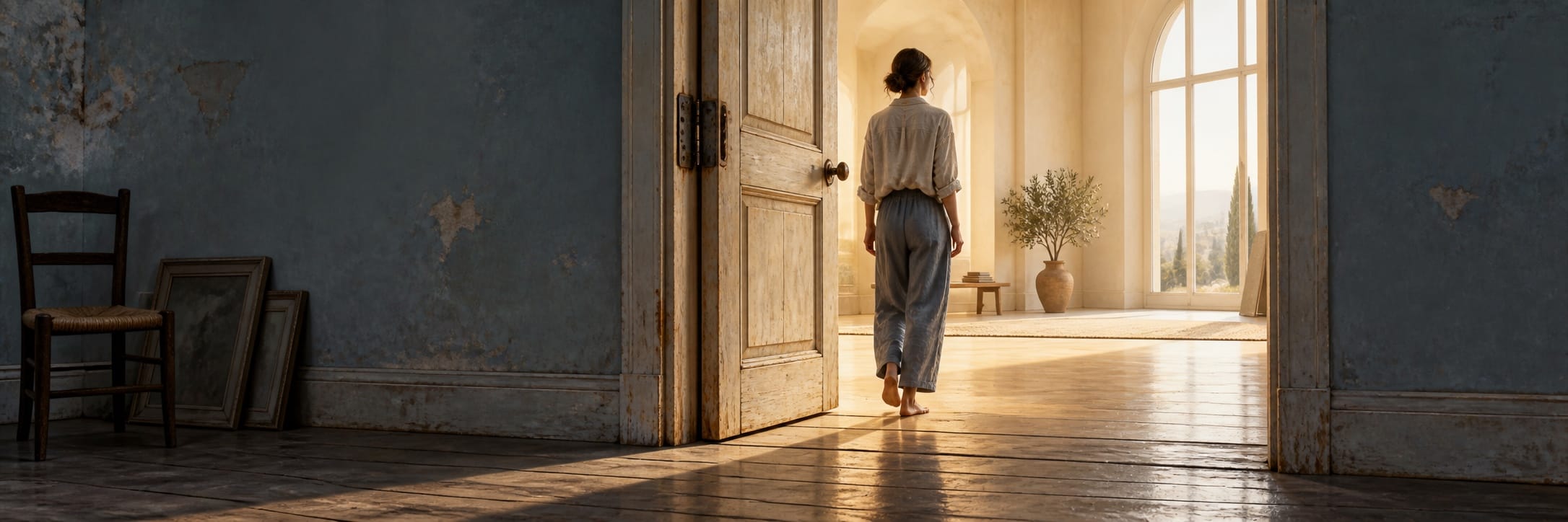 A woman walks barefoot through an open door into a surreal room with large windows, wooden floors, and minimal furnishings.