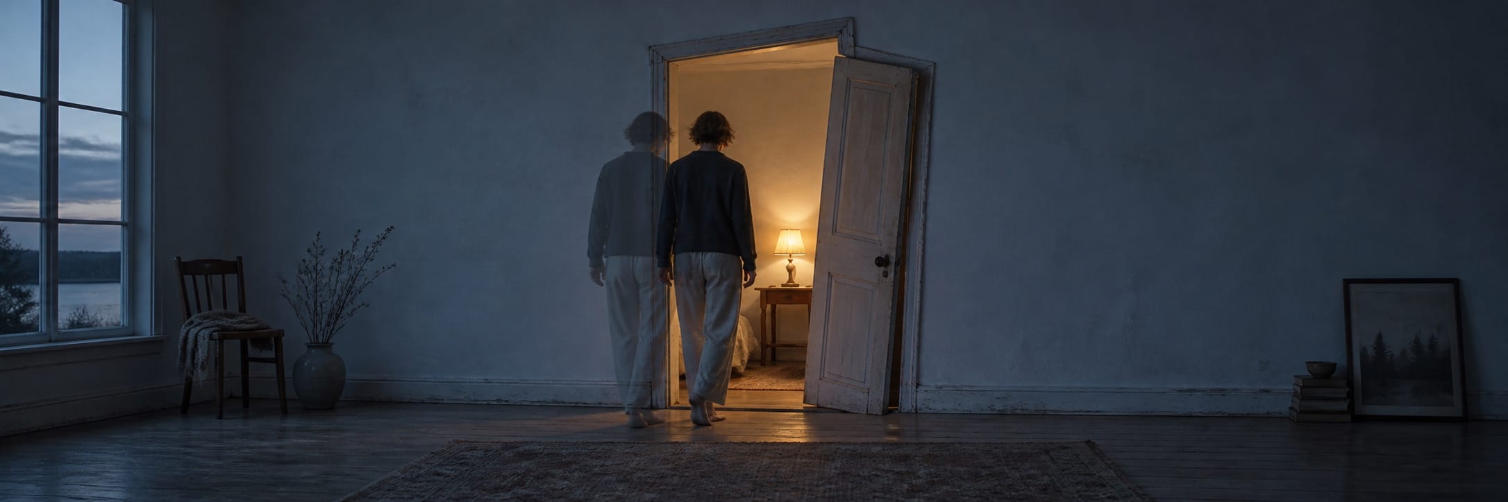 A person with a faint double image effect walks toward an open door in a sparsely furnished room, creating a surreal impression.