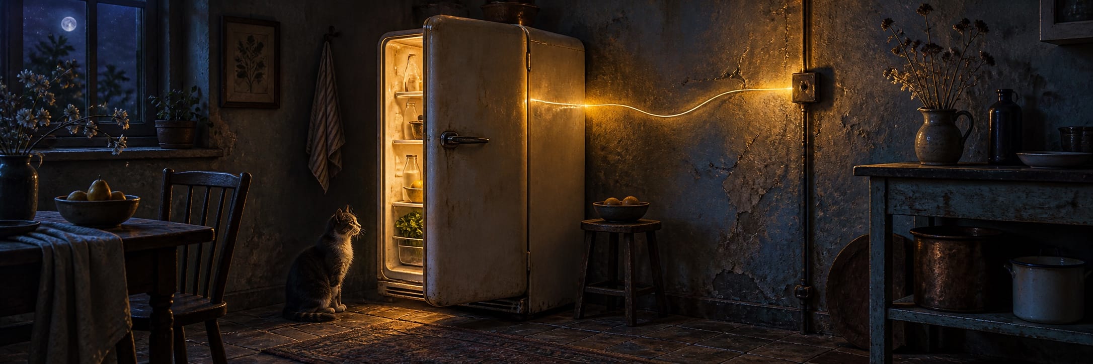 A cat sits on a kitchen floor, gazing at a surreal glowing fridge in a rustic room, adding a subtle fantastical element.