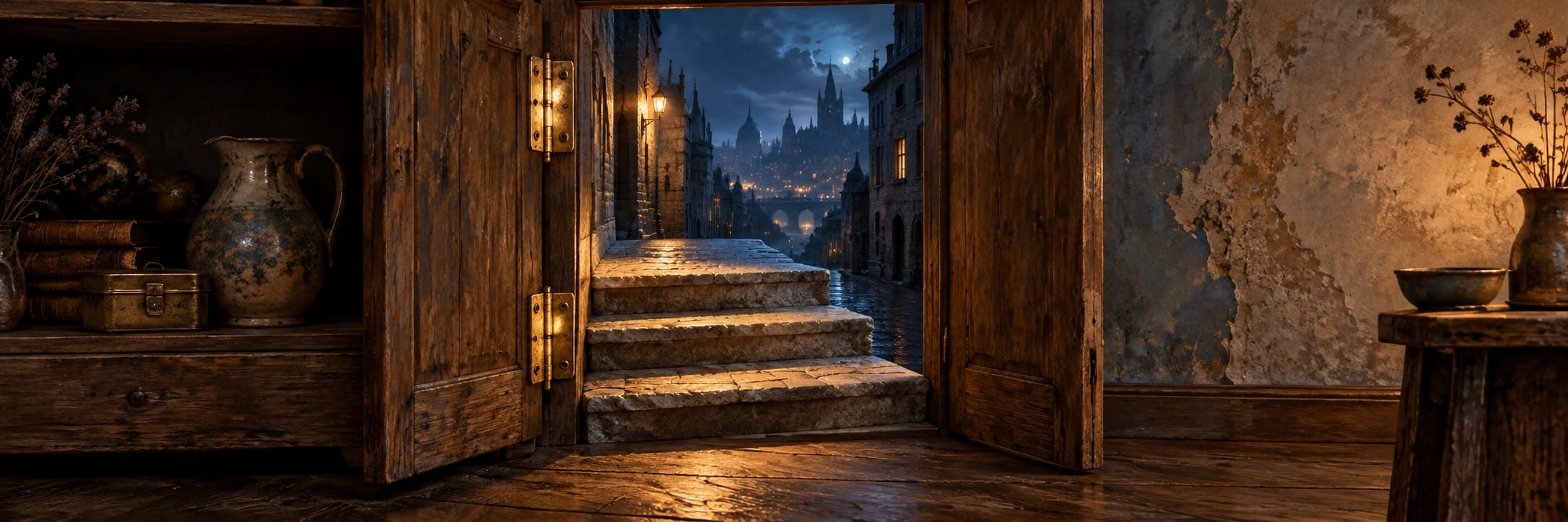 An open wooden door leads to stone steps descending to a fantastical cityscape under a cloudy, moonlit sky.