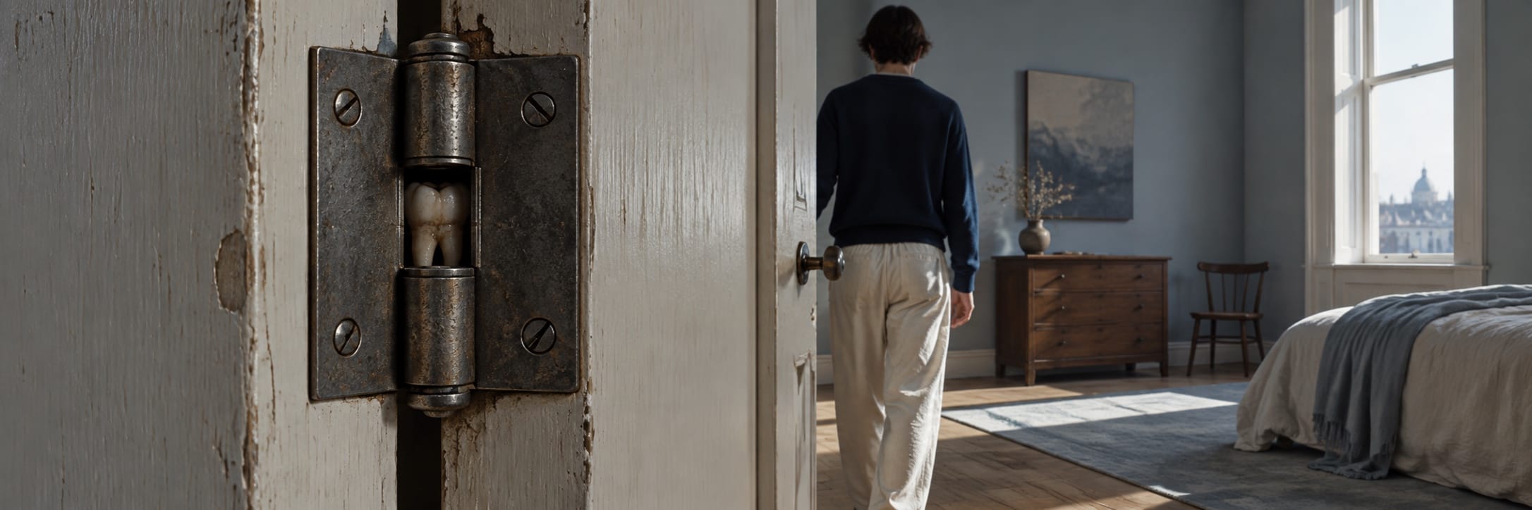 A person enters a bedroom with sunlight streaming in; a rusty door hinge is visible in the foreground.
