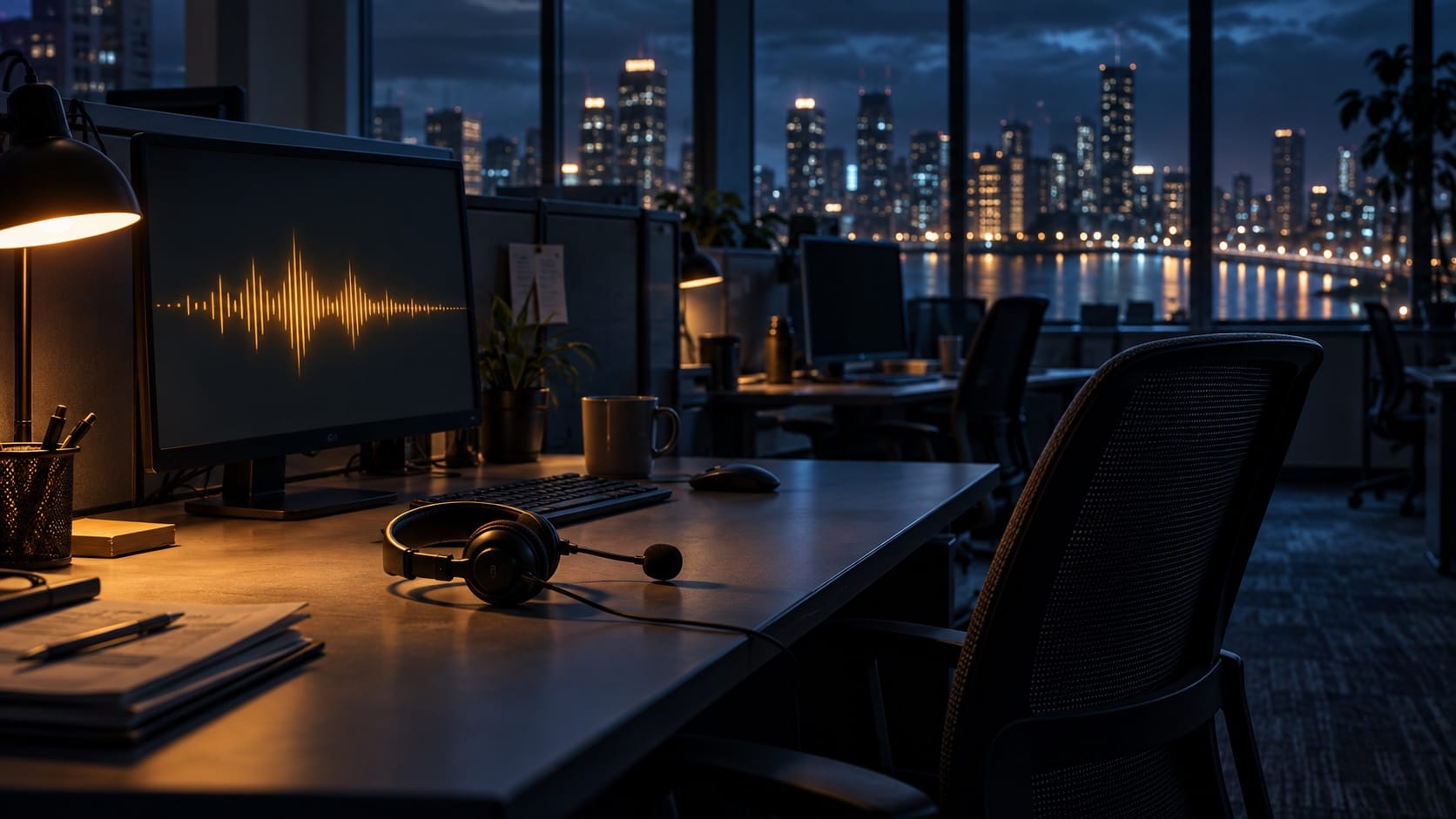 A late-night call-centre desk glows beside a headset and amber waveform on a monitor.