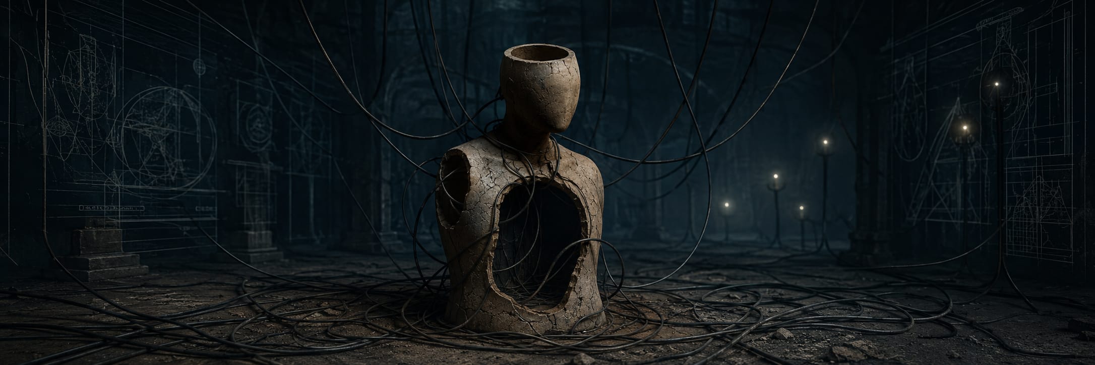 A headless statue bust tangled in cables stands among surreal diagrams on the walls of an abandoned room.