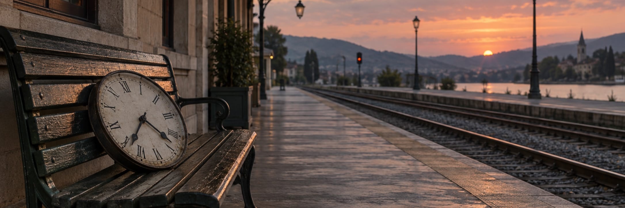 An old clock rests on a station bench beside empty railway tracks at dusk.