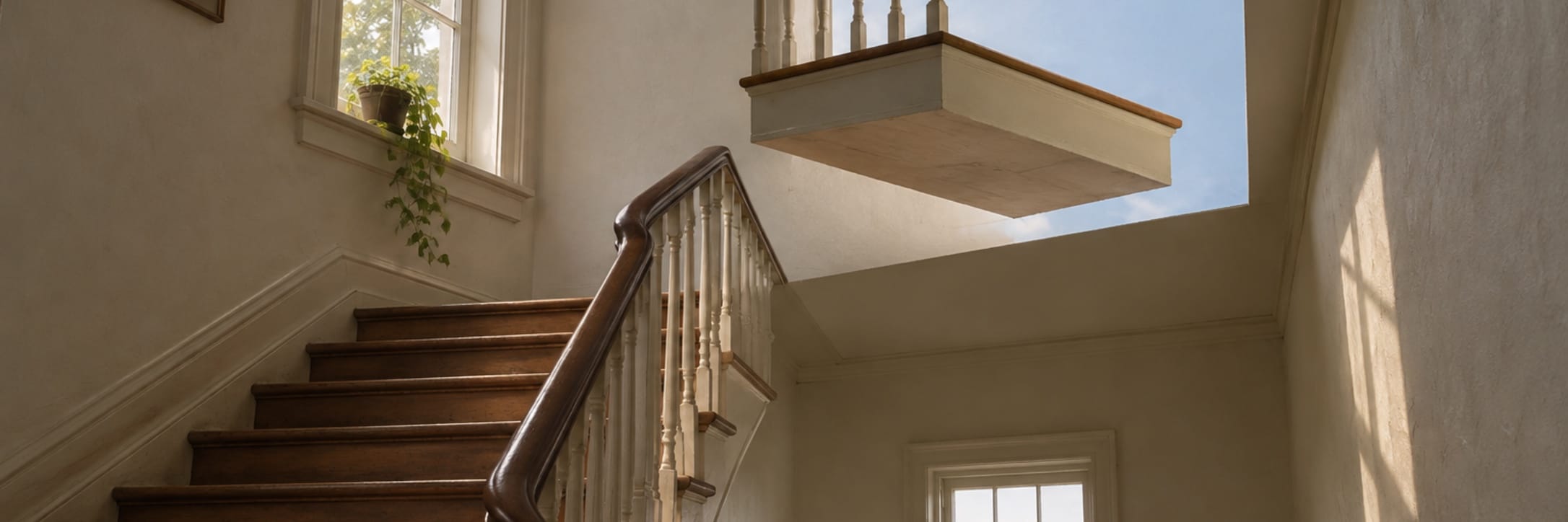 A quiet stairwell rises towards an impossible floating landing in a sunlit house.