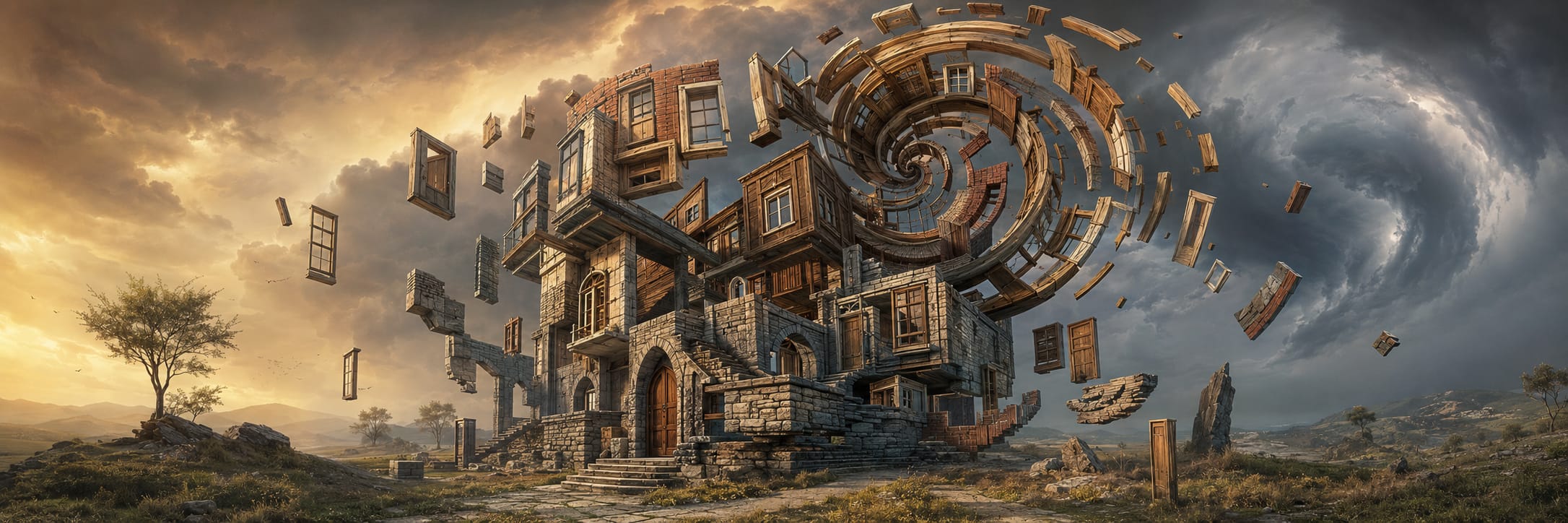A stone house with spiral windows and doors stands in a surreal landscape beneath dramatic skies reflecting nature.
