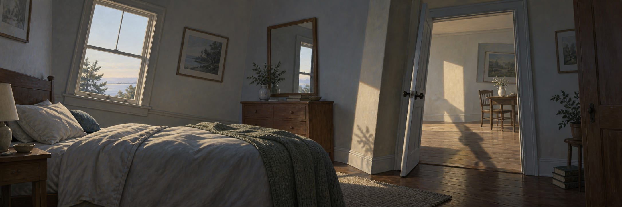 A bedroom window and open door subtly disagree in angle, revealing a quiet adjoining room in low morning light.