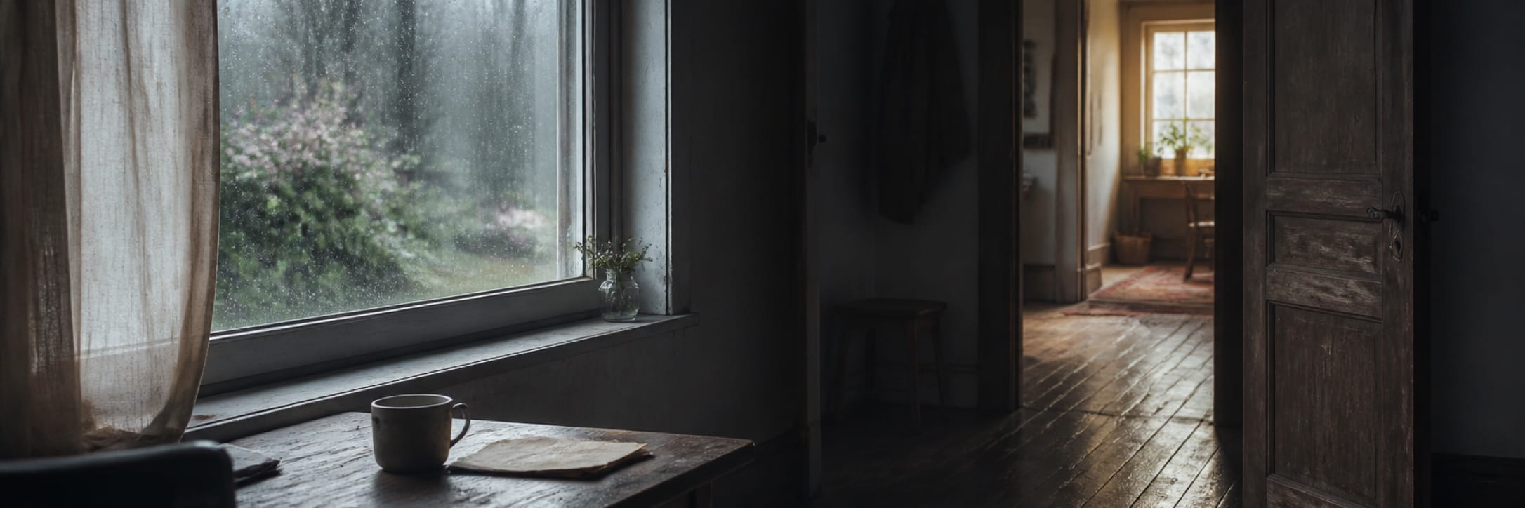 Rain streaks a large window beside a mug and folded paper, while a warm doorway opens into an older house.