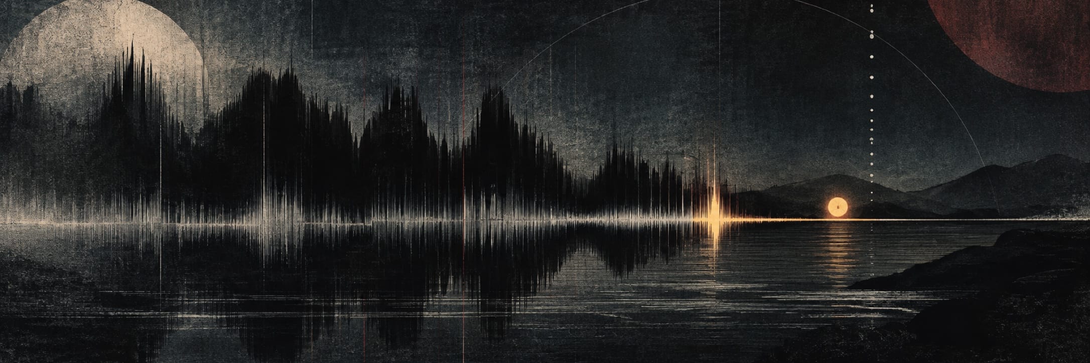 Jagged black silhouettes beneath a large moon and red orb reflecting over a bright lake at night in an abstract landscape.