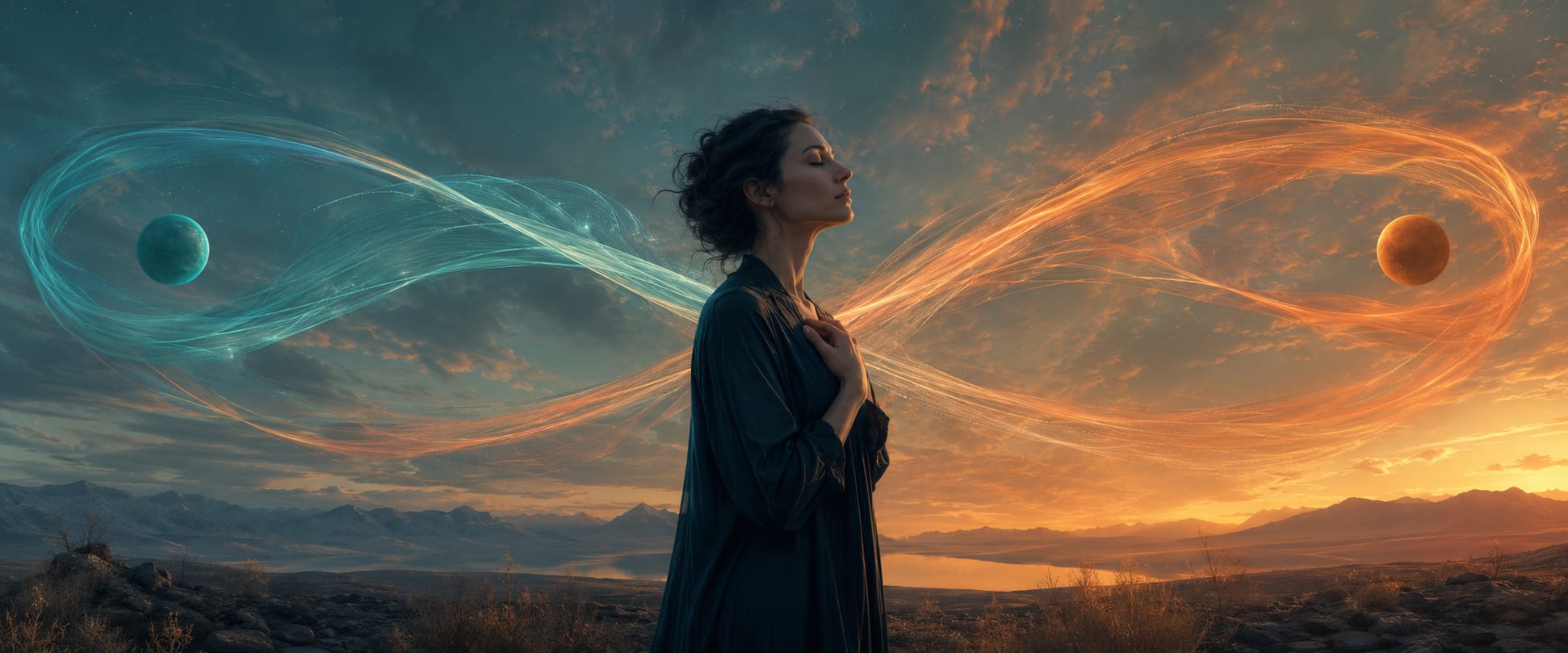 A winged person serves drinks at a bar as a glowing fantastical shape floats among clouds outside the window.