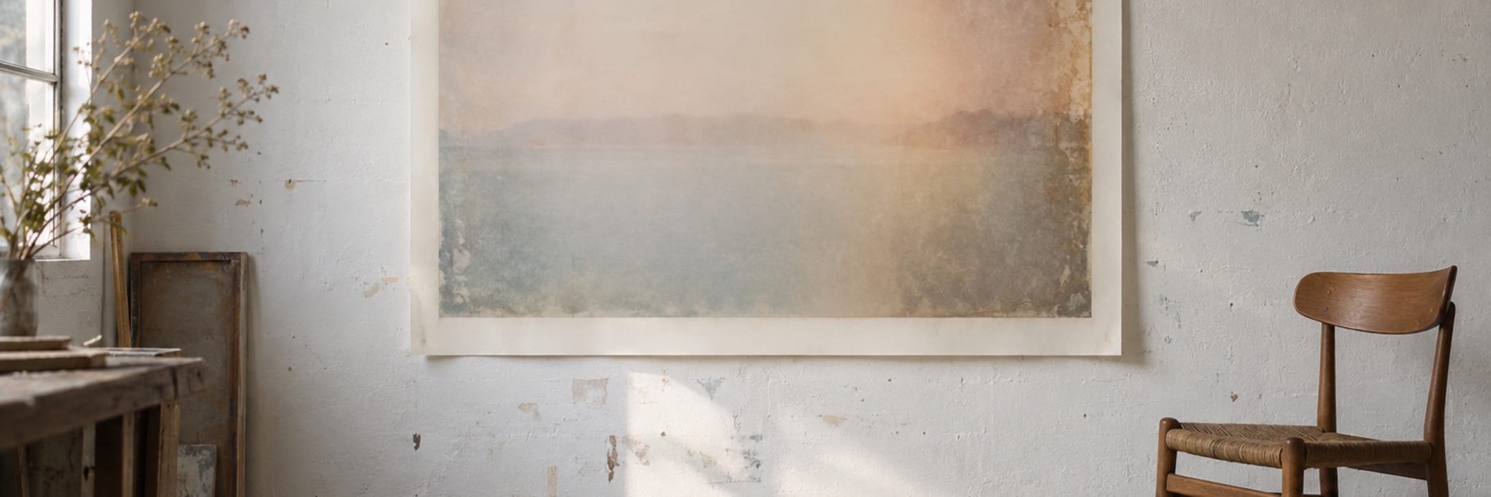 A faded pale artwork hangs above a simple chair in a sunlit studio.