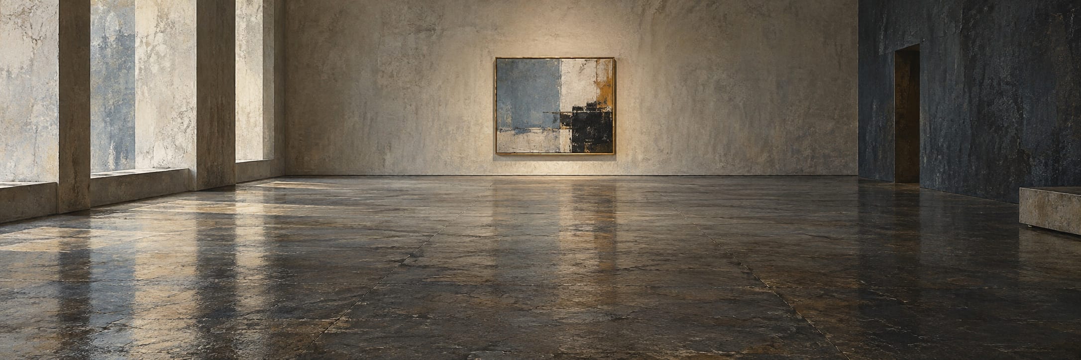 A small framed abstract image hangs across an empty polished gallery floor.