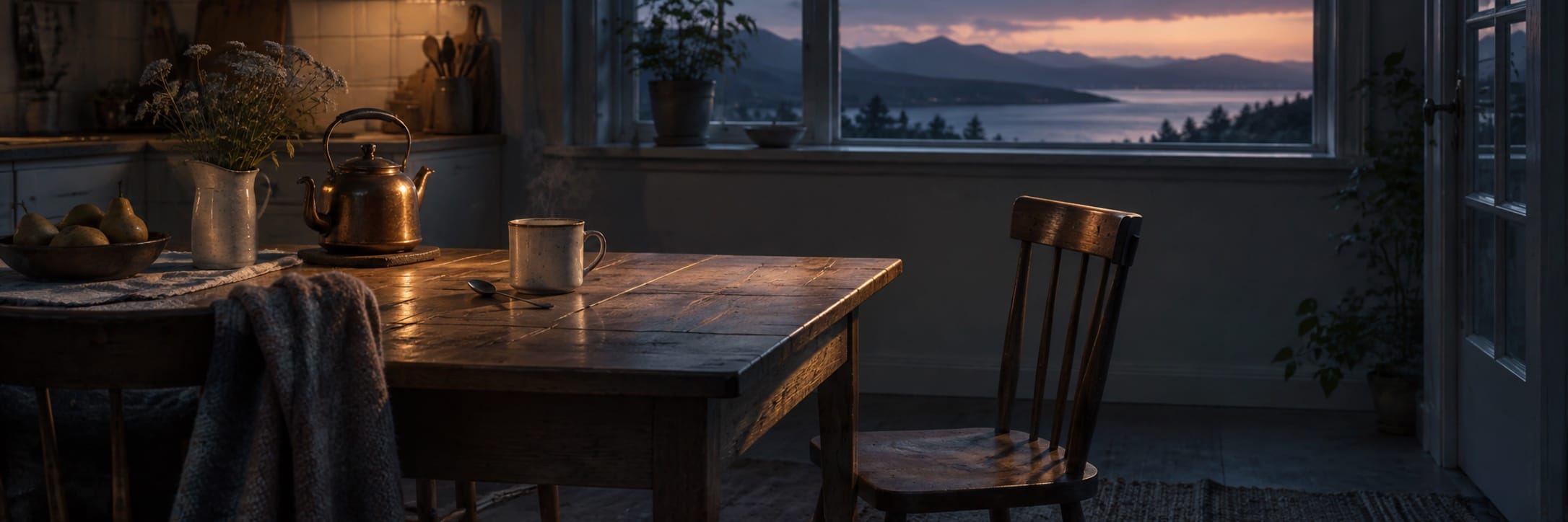 A wooden kitchen table, kettle and empty chair sit in warm dusk light beside a wide window.