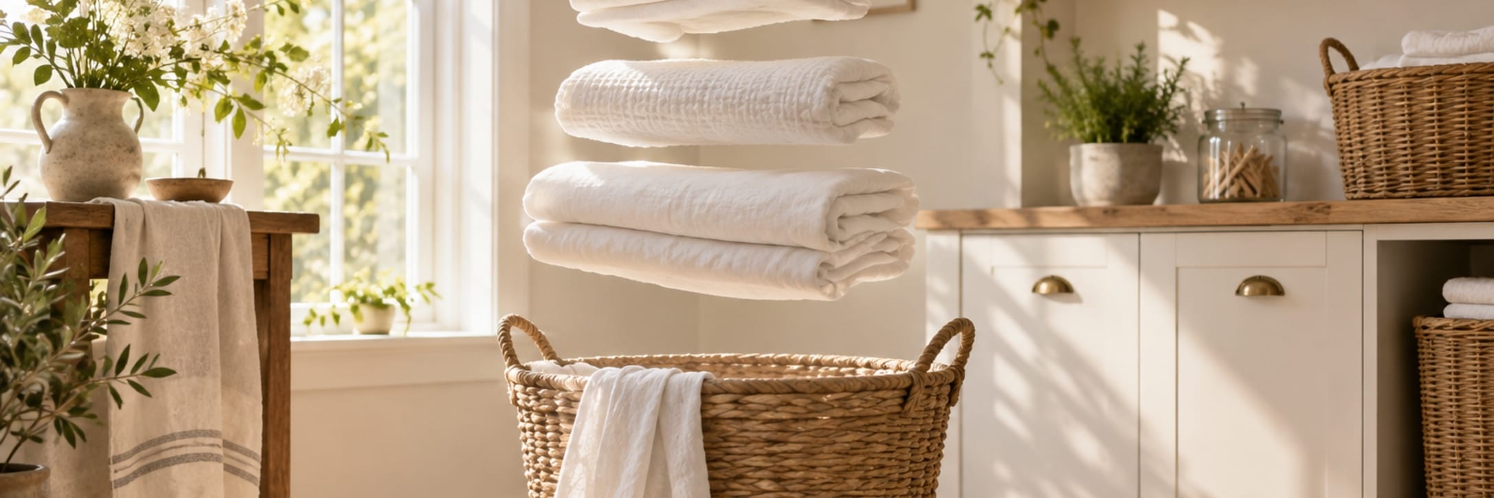 Folded white linen floats above a basket in a bright laundry room.