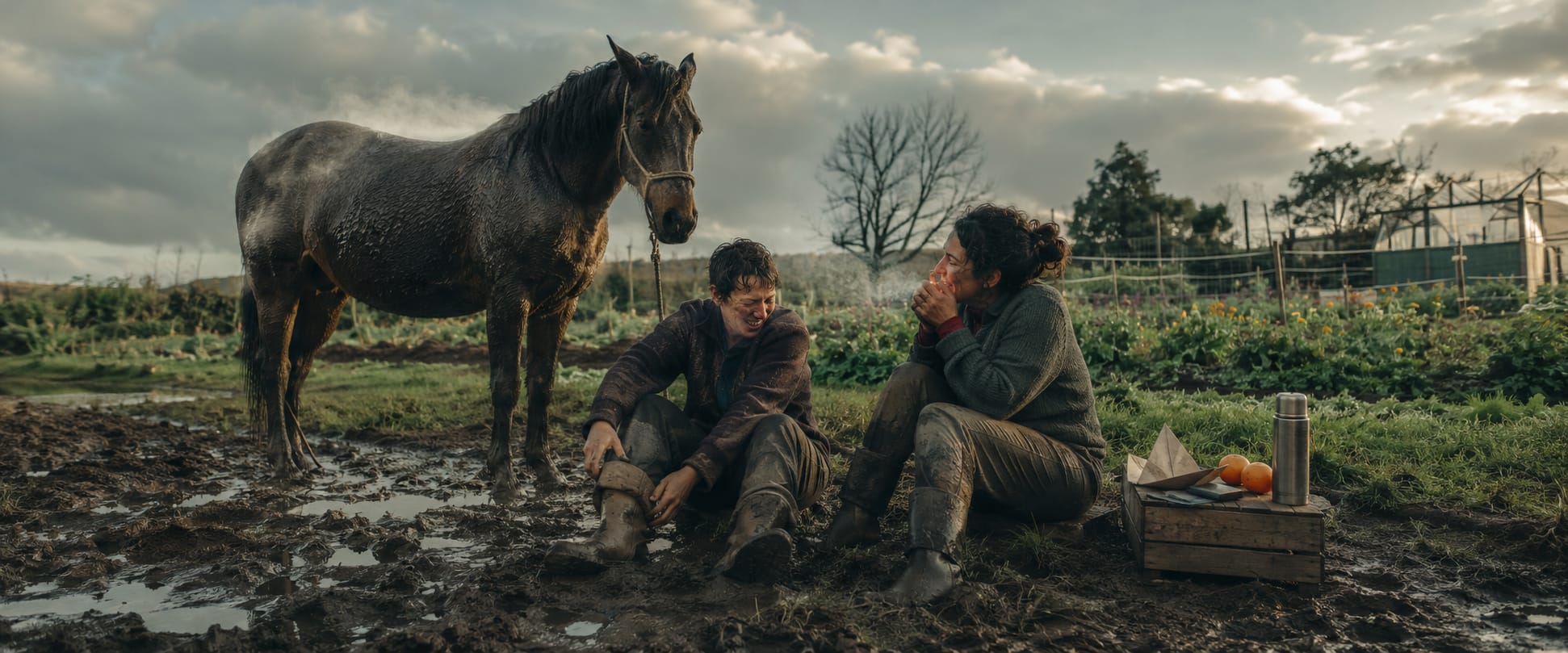 Two people sit on muddy grass beside a horse, sharing snacks and chatting over a crate and thermos.
