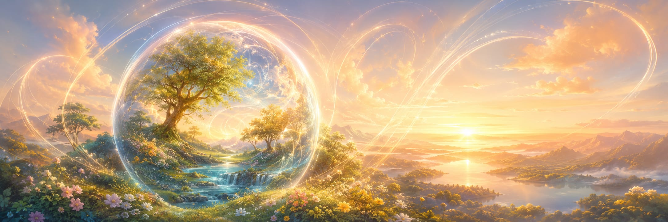 Magical landscape with vibrant trees, a glowing orb, and streams reflecting a golden sunset.