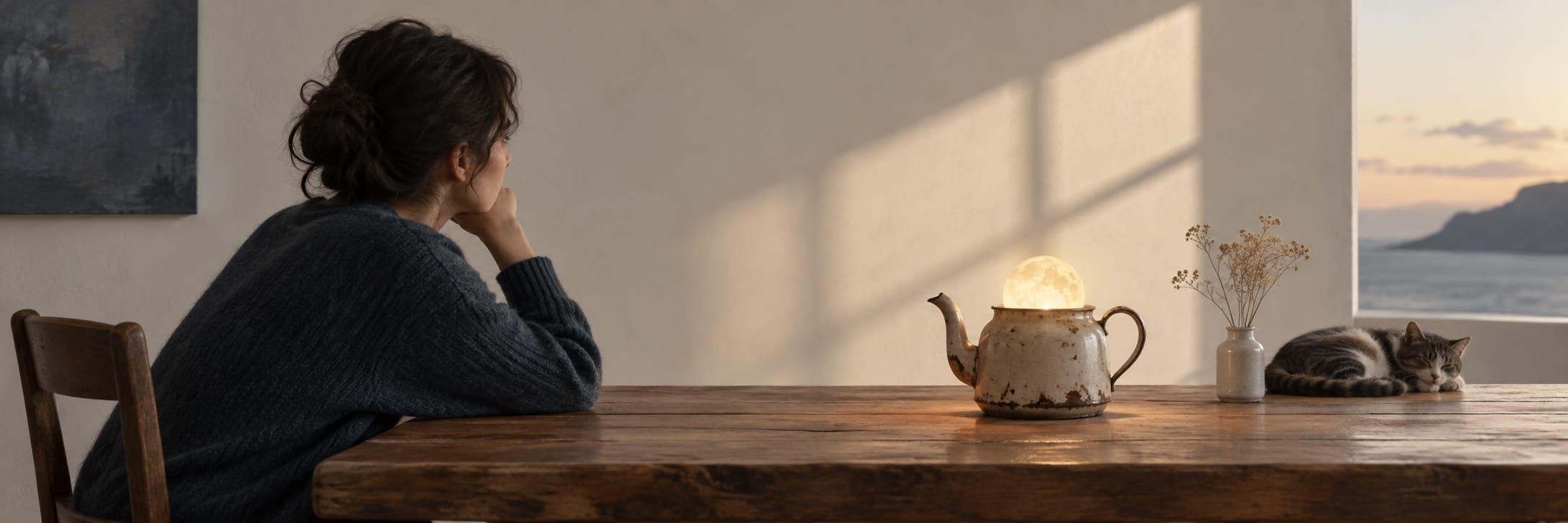 A woman sits at a wooden table, gazing with subtle irony, while a cat sleeps beside a teapot lamp and dried flowers.
