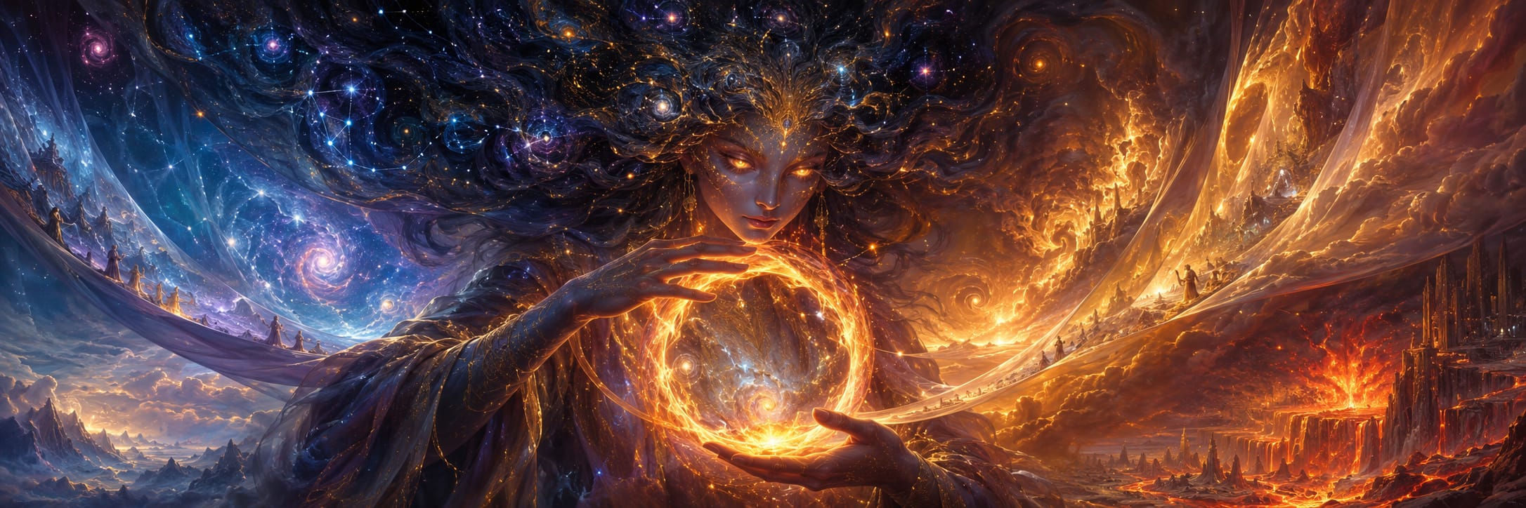 A surreal figure with glowing eyes holds a fiery orb among swirling stars and galaxies, symbolizing strength and spirit.