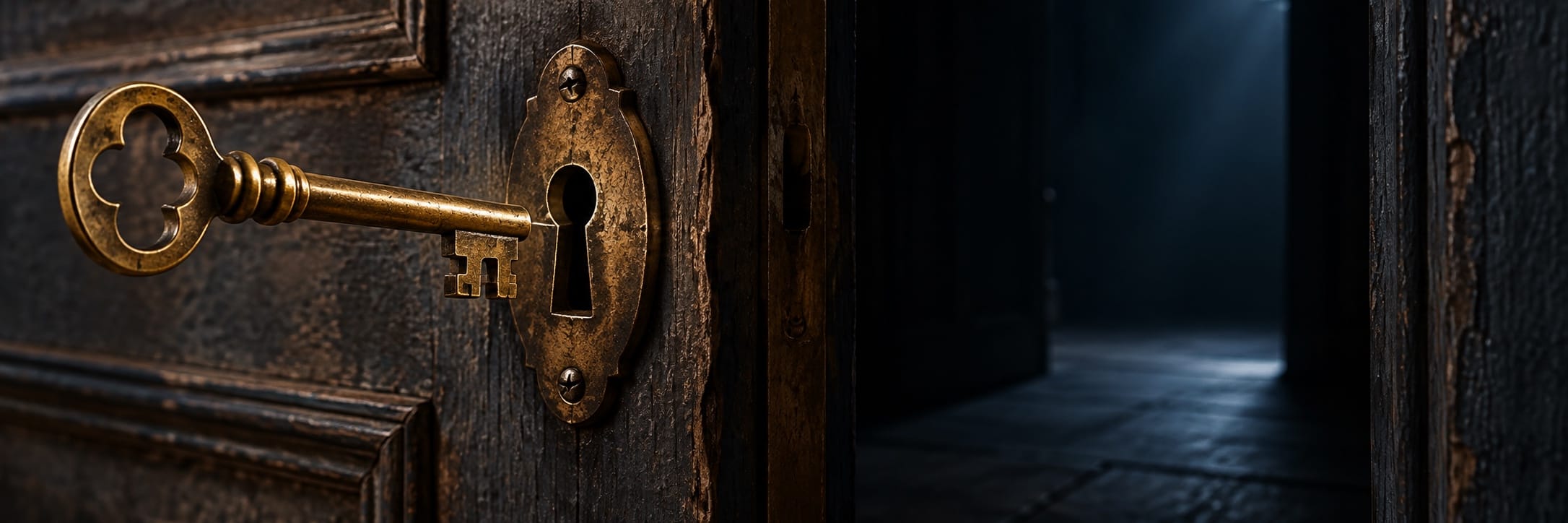 A brass key in an old wooden door, slightly open to reveal a surreal, fantastical room beyond.