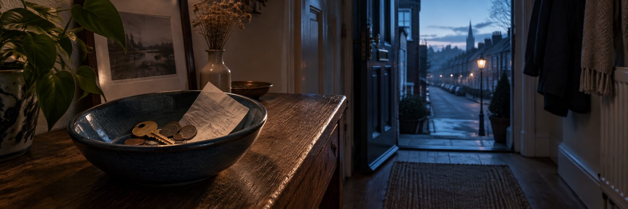 A brass spare key rests in a blue bowl with coins and receipts beside an open doorway.