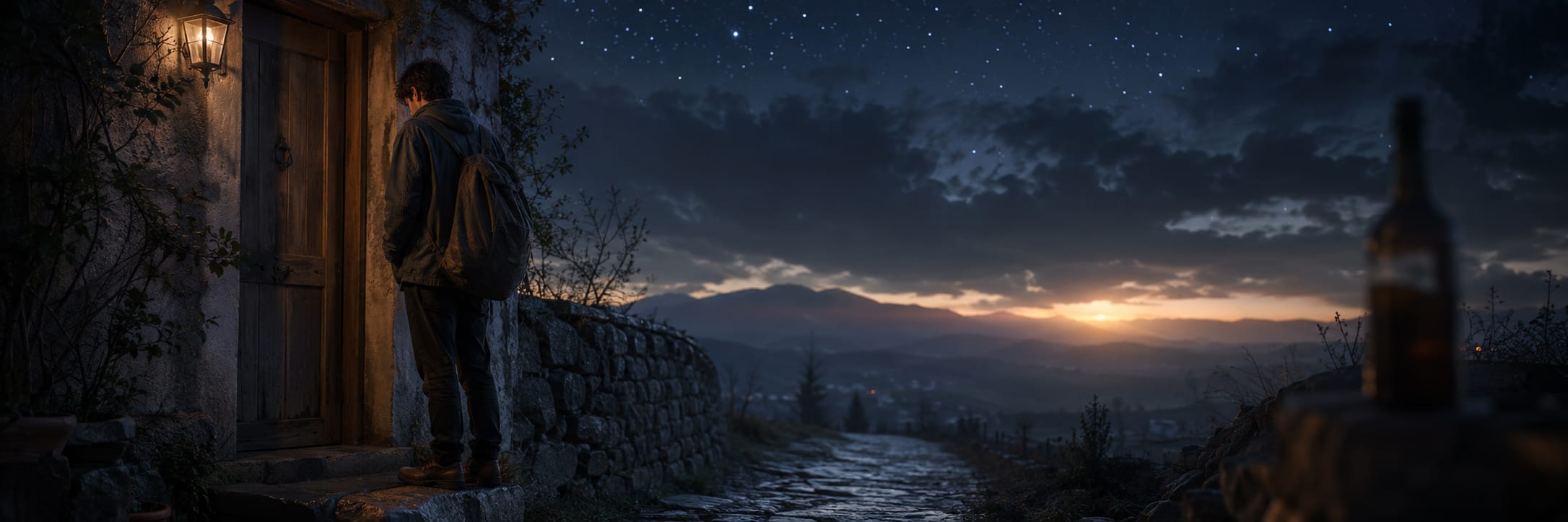 A person stands at a door by a stone path at dusk; distant mountains appear chaotic, and a bottle is nearby.