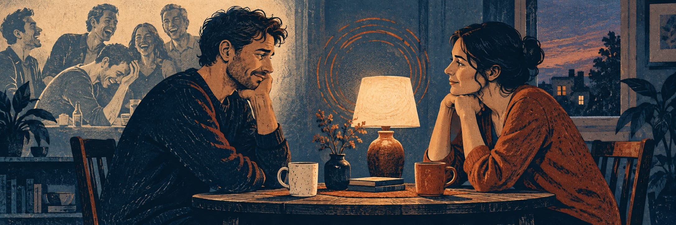A man and woman sit at a small table with mugs, looking at each other as people laugh in the background.