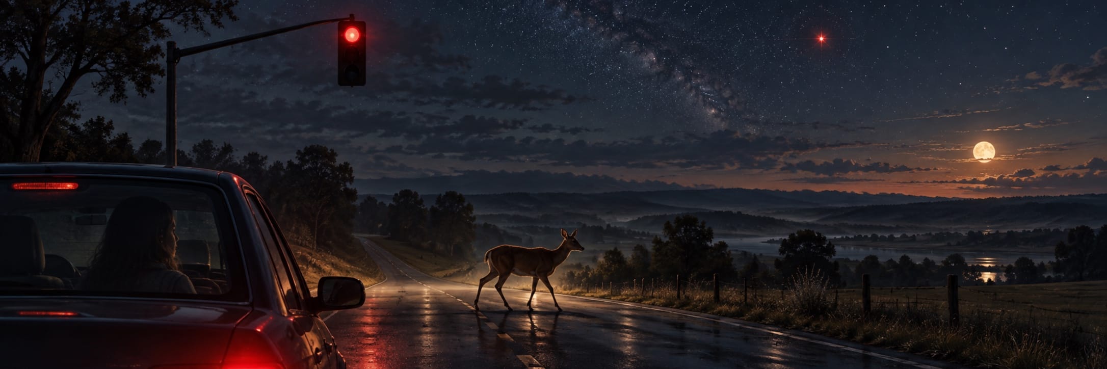 A car stops at a red light while a deer crosses the road beneath a starry sky and full moon in a quiet rural area.