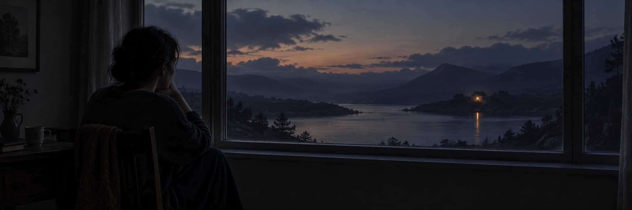 A person sits by a window at dusk, looking out at a surreal lake and a lit-up fantastical house on distant, dreamy hills.