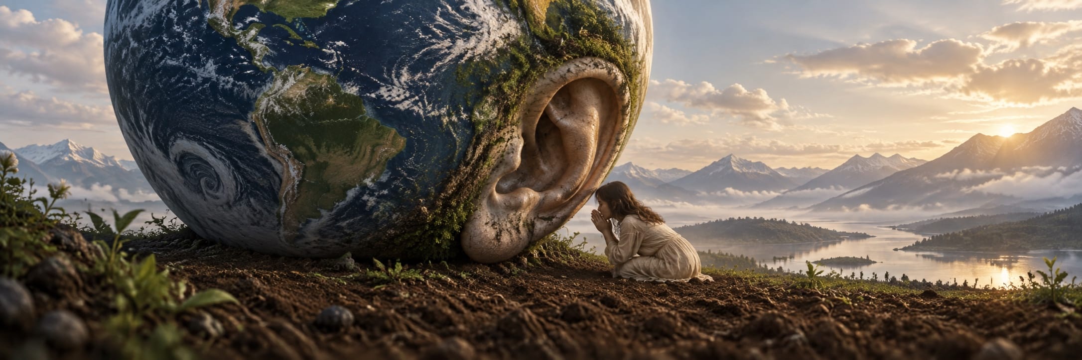 A woman kneels beside a giant Earth with a human ear, surrounded by mountains, water, and clouds.