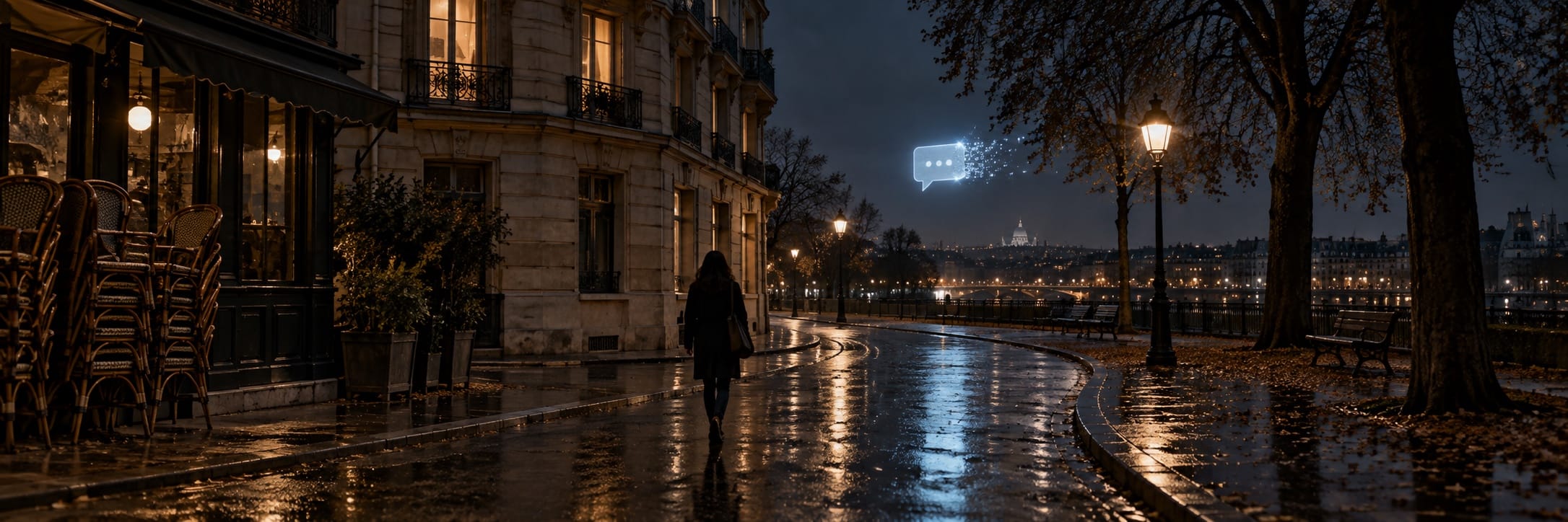 A wet night route curves past an old building and dark park with a lone pedestrian walking on.