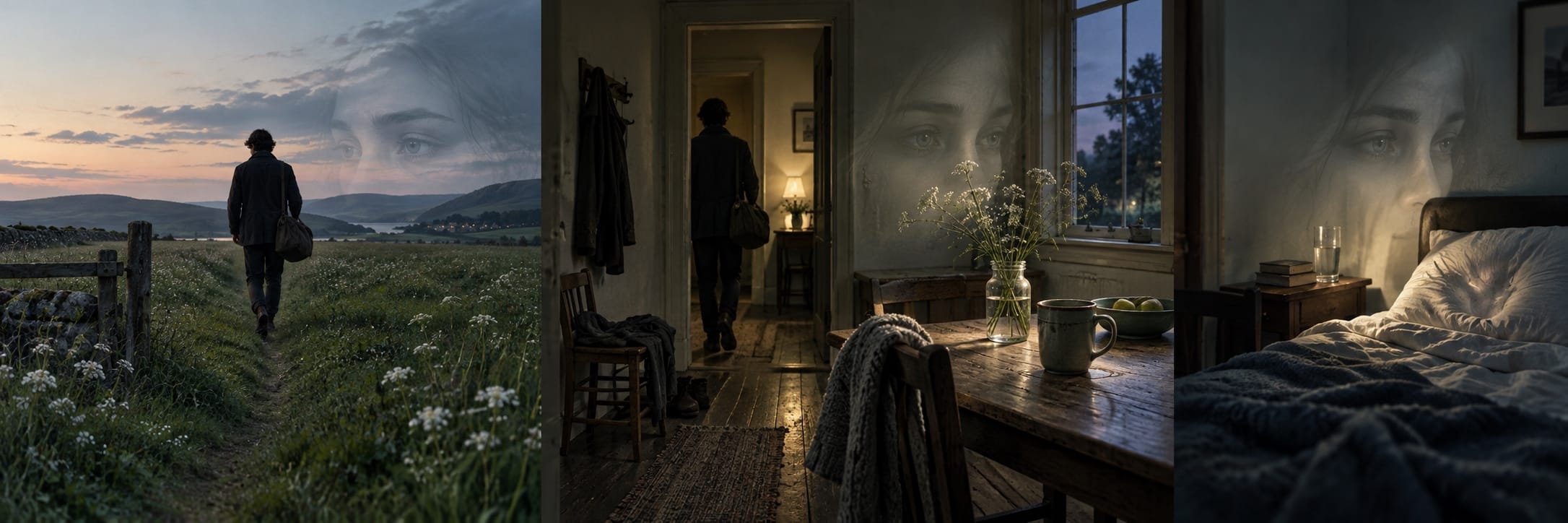 A man walks through fields, enters a rustic home, and sees a woman’s reflection superimposed on the walls and bedroom.