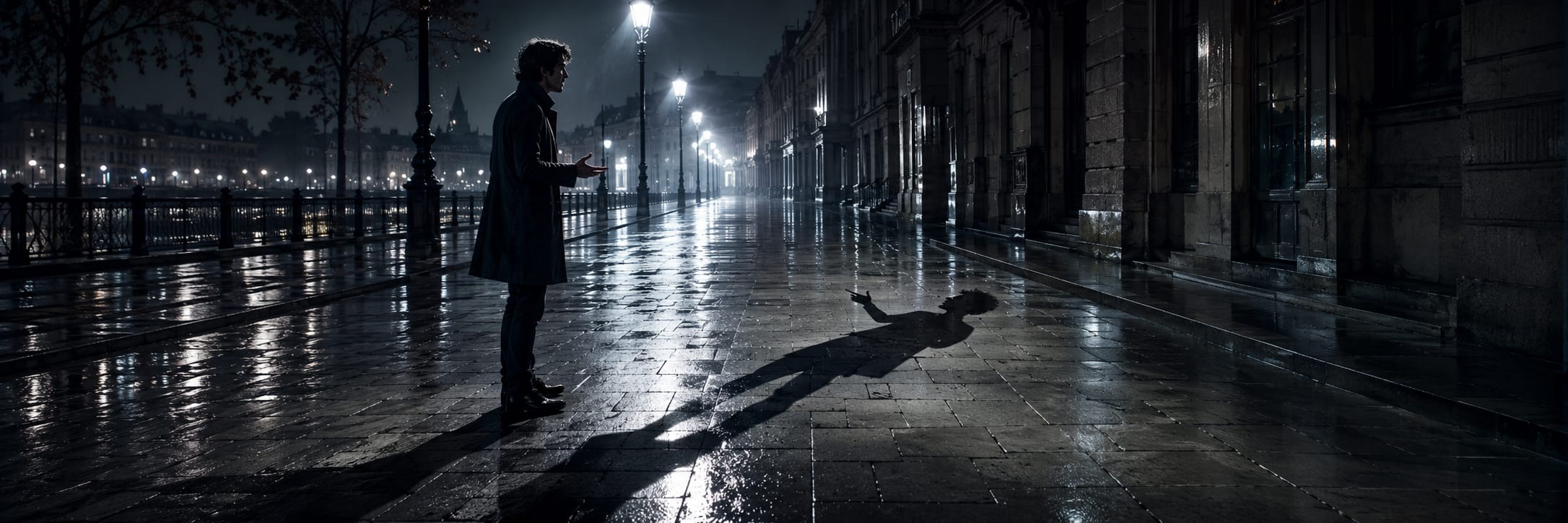 A person stands on a wet city street at night, facing their shadow beneath glowing streetlights.