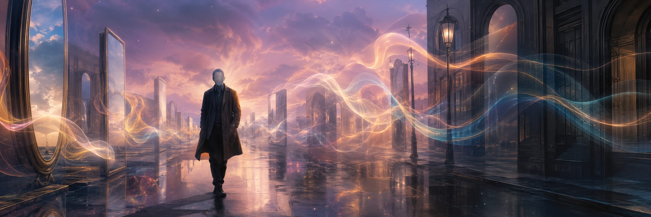 A person walks through a chaotic city as swirling light trails reflect beneath a vibrant, cloudy sunset sky.