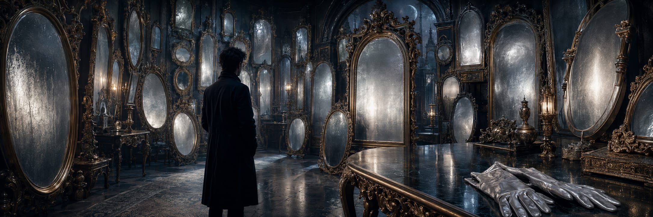 Ornate mirrors reflect a chaotic scene as silver gloves lie on a polished table.