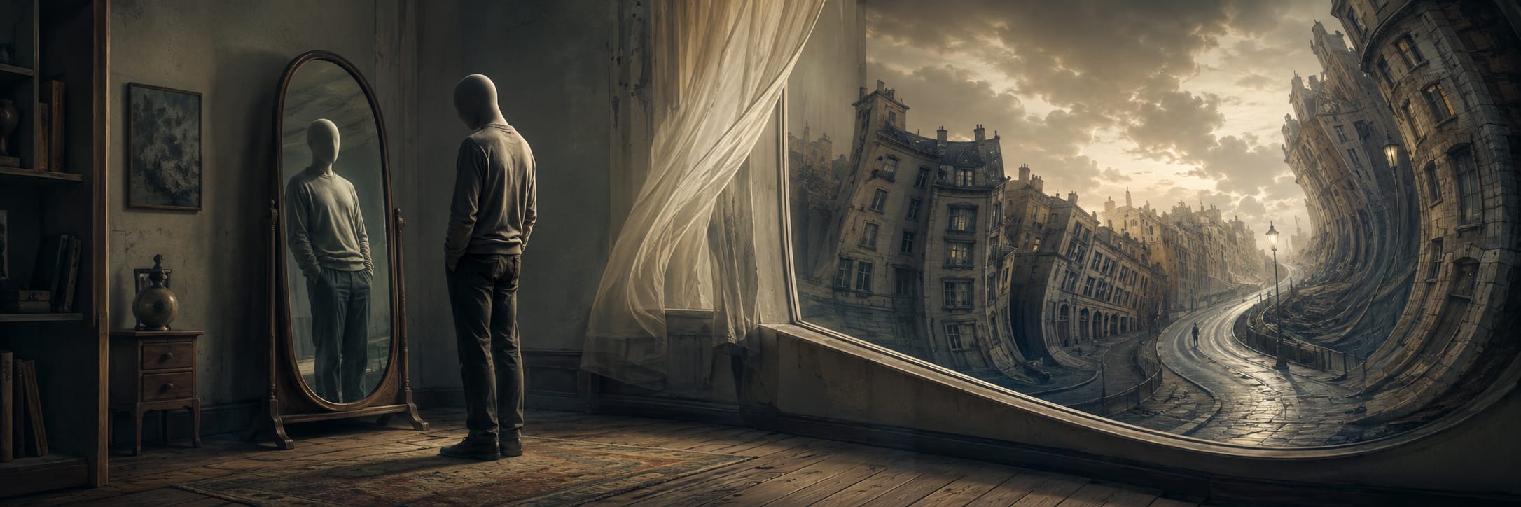 A person in a hoodie stands before a mirror, with a surreal cityscape visible through a large open window.