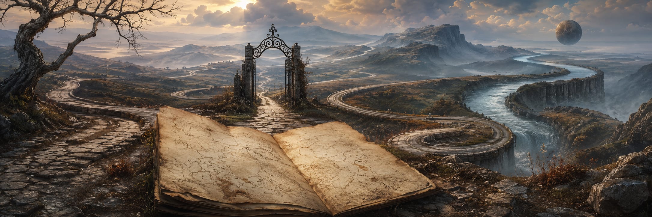 An open book sits on a stone path by an ornate gate, mirroring winding roads, a river, and distant fantastical mountains.