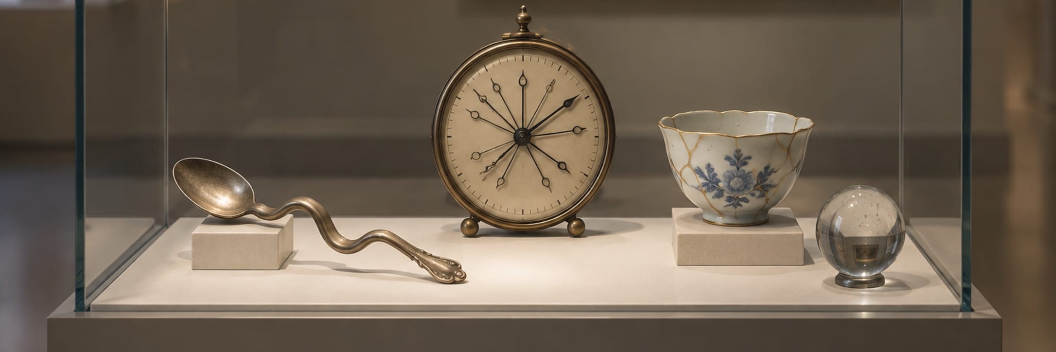 A glass museum case holds a bent spoon, strange clock and small porcelain cup.