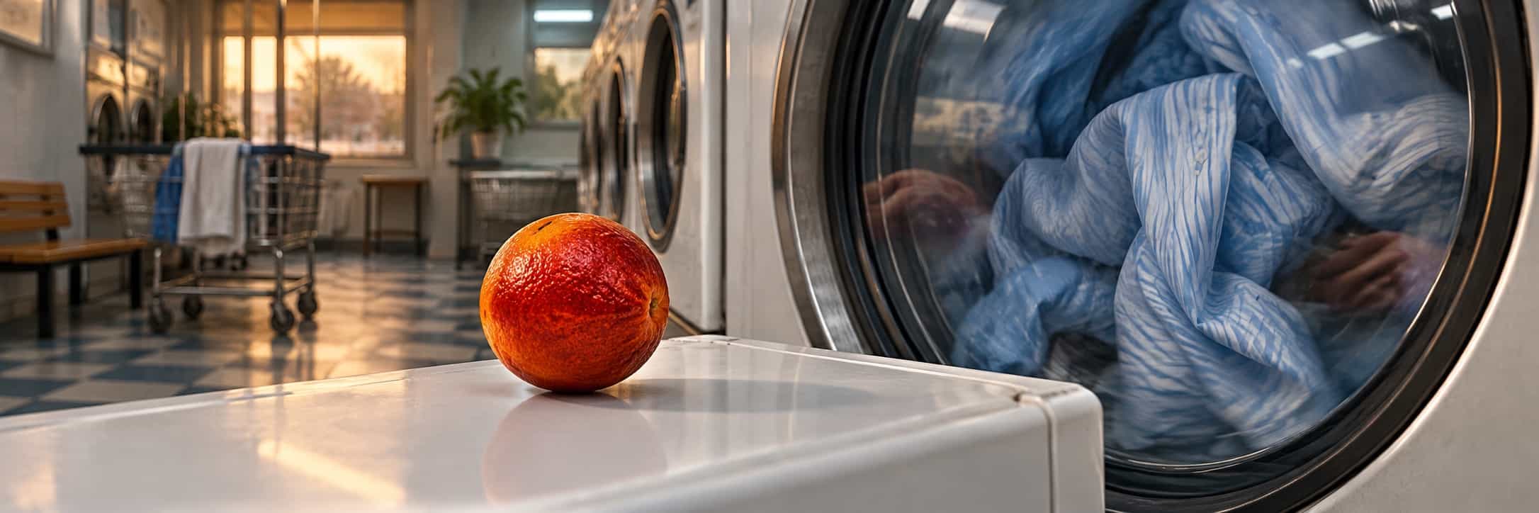 A blood orange rests on a white dryer beside a round window full of blue shirts.