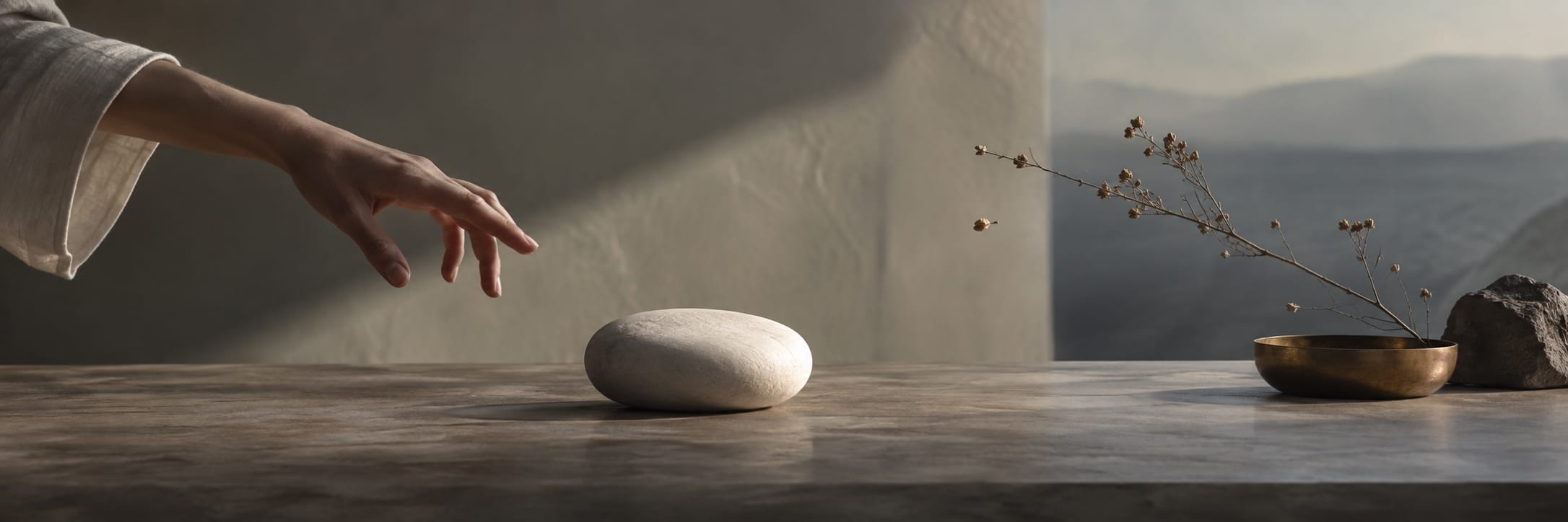 A surreal hand reaches for a smooth white stone beside a brass bowl and dried flowers.