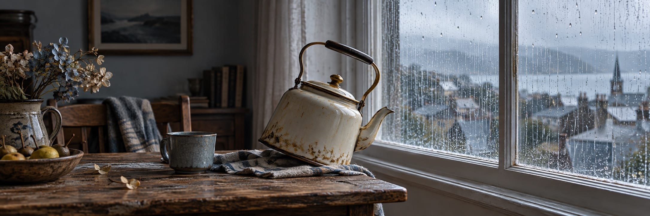 An old kettle and mug on a rustic table by a rainy window, with fantastical hills and a town visible beyond.