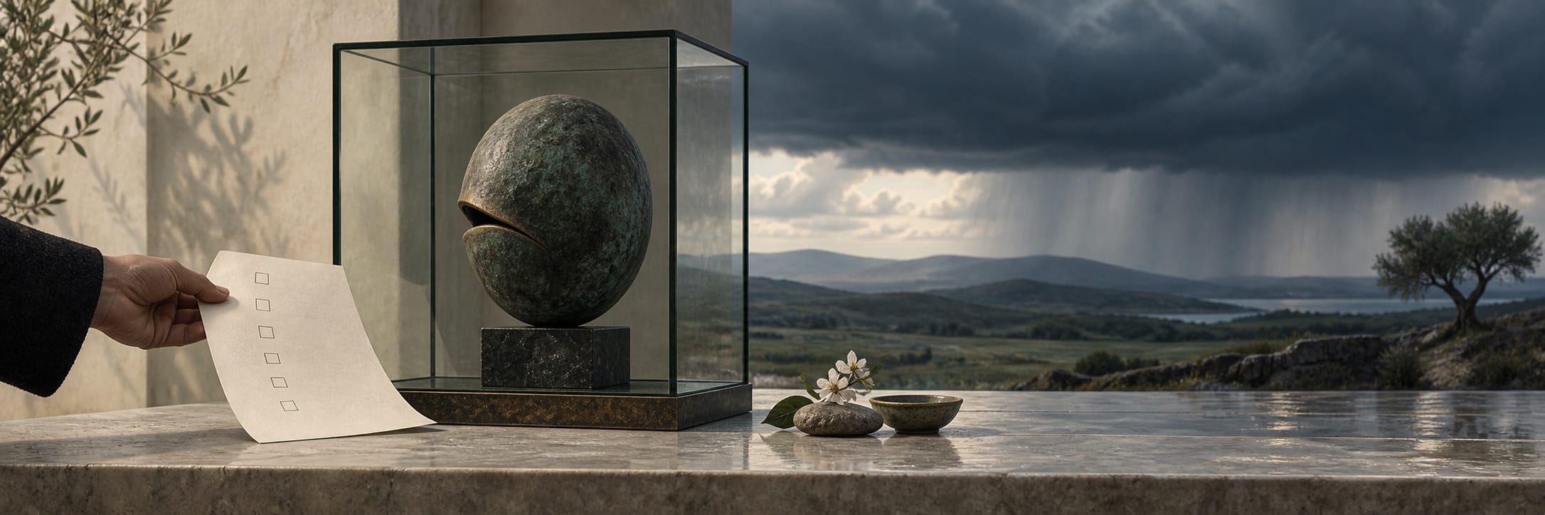 A hand holding a checklist faces an abstract sculpture in a moody landscape with clouds and rain, suggesting satire.