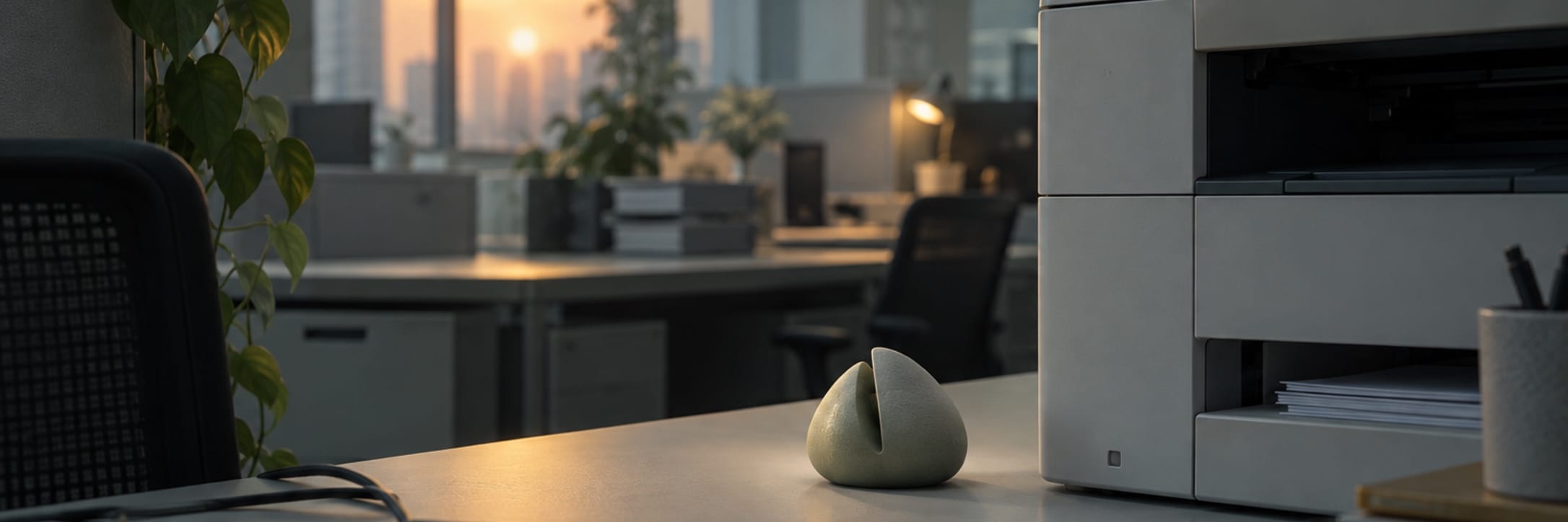 A small pale abstract object rests on a modern office desk beside a printer and chair.