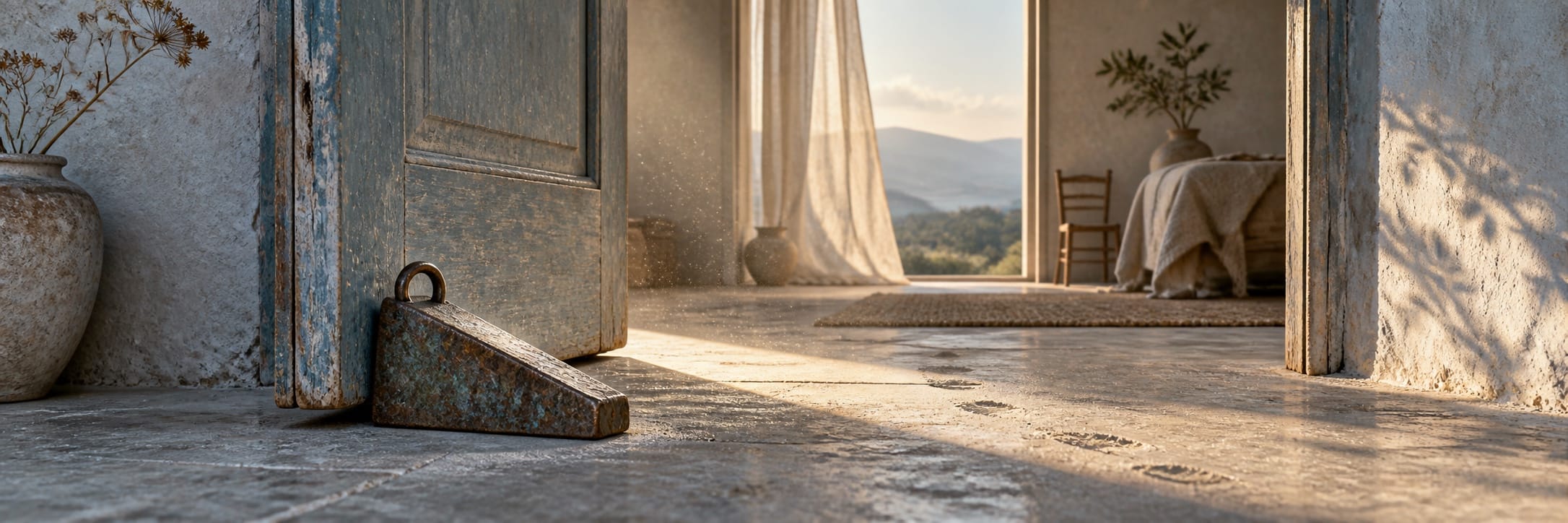 A doorstop props open an old blue door as sunlight reveals footprints, bringing a sense of calm and reflection to the room.