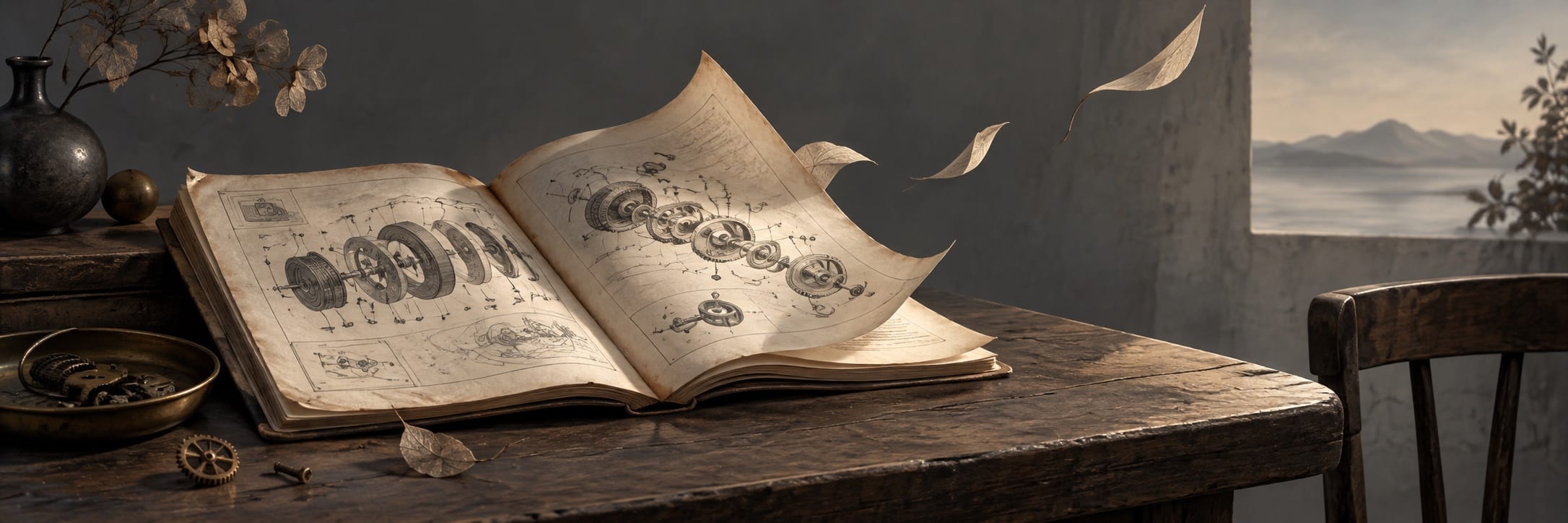 An open book with mechanical diagrams floats beside a vase and bowl on a table, set against a fantastical seaside view.