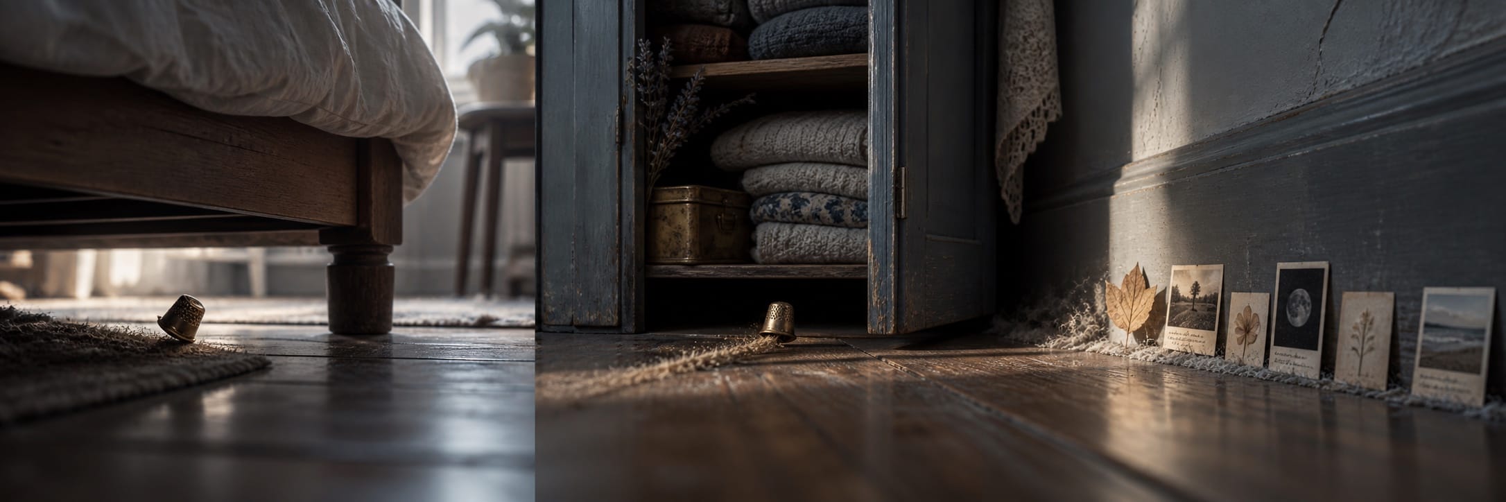 A brass thimble sits on a wooden floor beside patterned linens and photo cards, creating an intriguing everyday scene.