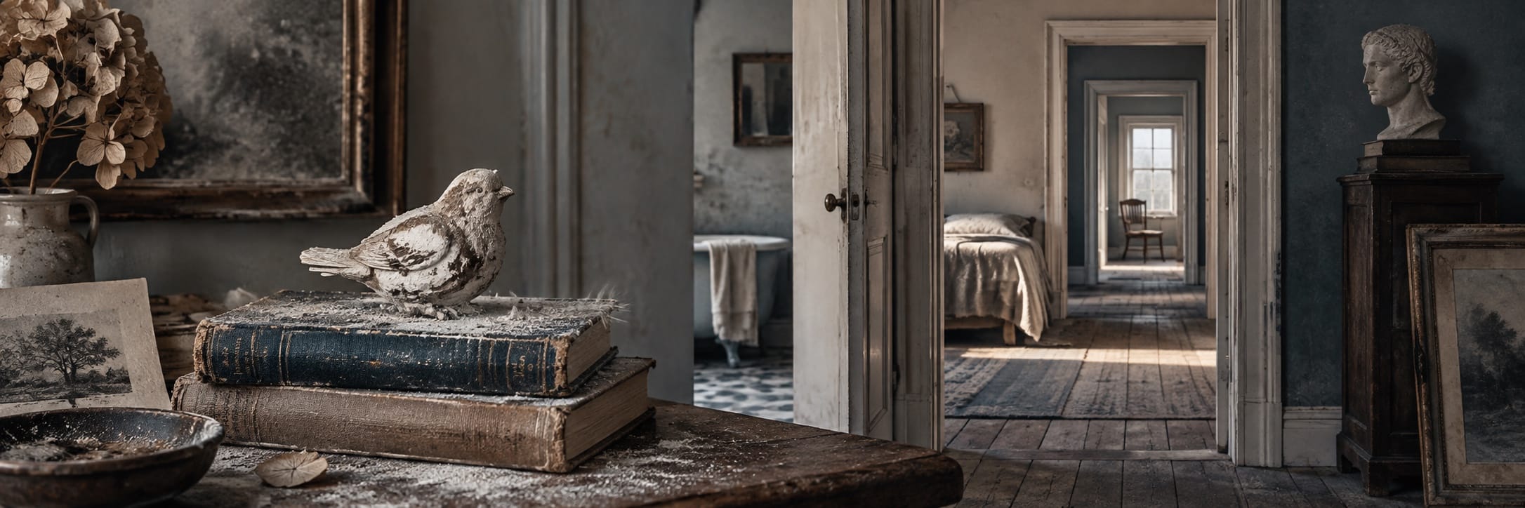 A surreal ceramic bird sits atop old books in a fantastical room with open doors leading to a shadowy bedroom.