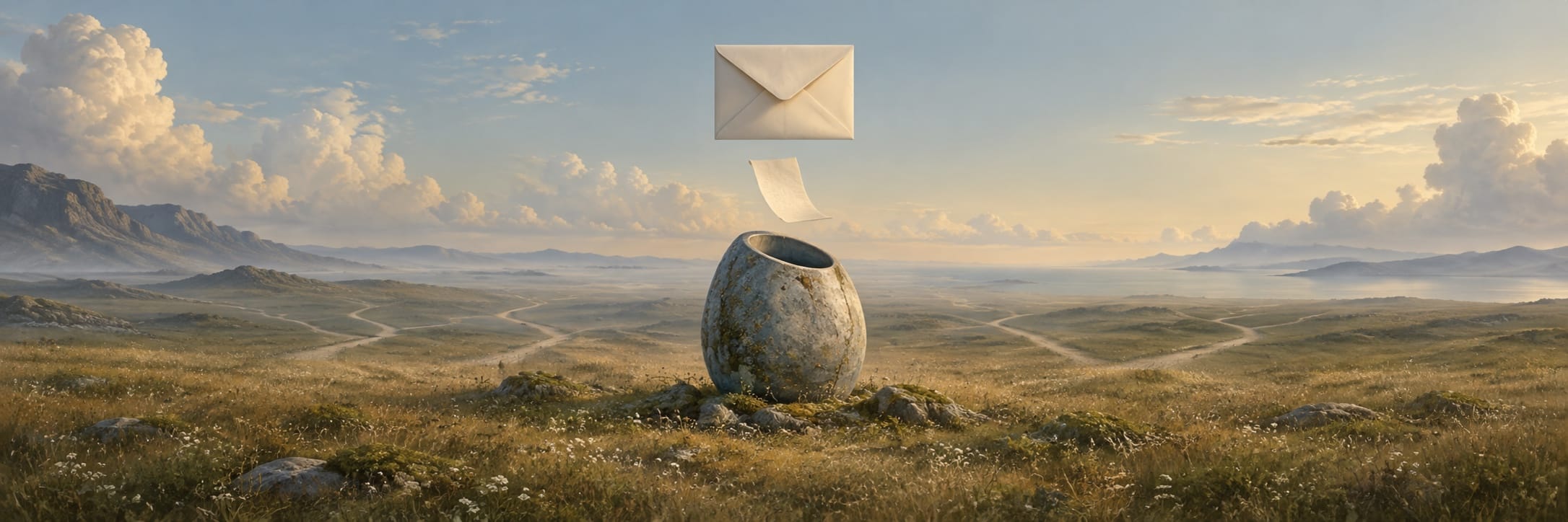 A letter and envelope float above a stone mailbox in tall grass under a cloudy, ominous sky.
