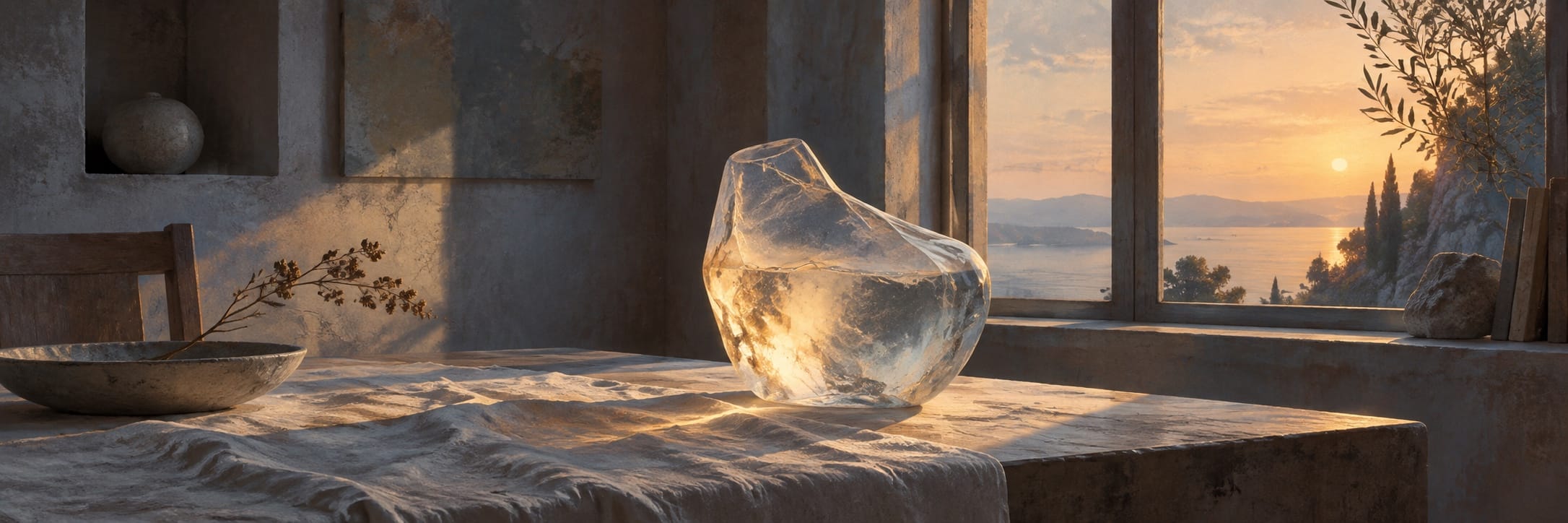 A translucent irregular object catches warm window light on a table in a sparse, quiet room.